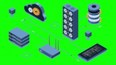 Sunucu animasyonu ile Isometric bulut teknolojisi. Isometric sunucusu ve depolama teknolojisi. Web sunucu konsepti. Isometric teknolojisi. 4K video eşölçülü olarak canlandırıldı
