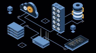 Sunucu animasyonu ile Isometric bulut teknolojisi. Isometric sunucusu ve depolama teknolojisi. Web sunucu konsepti. Isometric teknolojisi. Alfa kanalı ile şeffaf arkaplan