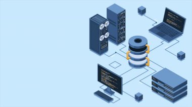 Isometric modern bulut veritabanı ve ağ animasyonu. Bilgisayar servis teknolojisi. Süper bilgisayar. Isometric teknolojisi. 4K video eşölçülü olarak canlandırıldı