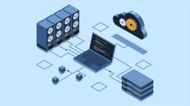 Isometric bulut teknolojisi animasyon hesaplıyor. Bulut deposu. Bilgisayarı, laptopu ve sunucusu olan Isometric ağı. Isometric teknolojisi. 4K video eşölçülü olarak canlandırıldı