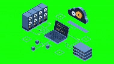 Isometric bulut teknolojisi animasyon hesaplıyor. Bulut deposu. Bilgisayarı, laptopu ve sunucusu olan Isometric ağı. Isometric teknolojisi. 4K video eşölçülü olarak canlandırıldı