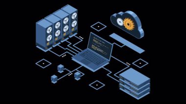 Isometric bulut teknolojisi animasyon hesaplıyor. Bulut deposu. Bilgisayarı, laptopu ve sunucusu olan Isometric ağı. Isometric teknolojisi. Alfa kanalı ile şeffaf arkaplan