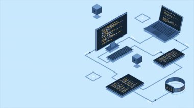Farklı aygıtlar arasında Isometric aktarım verileri animasyon. Laptop, akıllı telefon, tablet ve bilgisayar verileri senkronize ediliyor. Isometric teknolojisi. 4K video eşölçülü olarak canlandırıldı