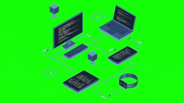 Farklı aygıtlar arasında Isometric aktarım verileri animasyon. Laptop, akıllı telefon, tablet ve bilgisayar verileri senkronize ediliyor. Isometric teknolojisi. 4K video eşölçülü olarak canlandırıldı