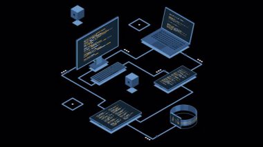 Farklı aygıtlar arasında Isometric aktarım verileri animasyon. Laptop, akıllı telefon, tablet ve bilgisayar verileri senkronize ediliyor. Isometric teknolojisi. Alfa kanalı ile şeffaf arkaplan