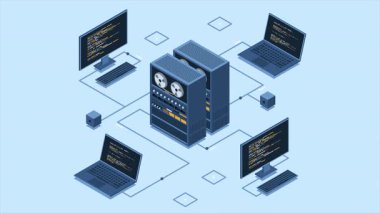 Bilgisayar animasyonunu bağlayan Isometric sunucusu. Ağ bağlantısı. İnternet dijital teknolojisi hesaplanıyor. Web sunucu konsepti. Isometric teknolojisi. 4K video eşölçülü olarak canlandırıldı