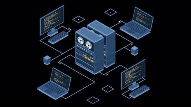 Bilgisayar animasyonunu bağlayan Isometric sunucusu. Ağ bağlantısı. İnternet dijital teknolojisi hesaplanıyor. Web sunucu konsepti. Isometric teknolojisi. Alfa kanalı ile şeffaf arkaplan