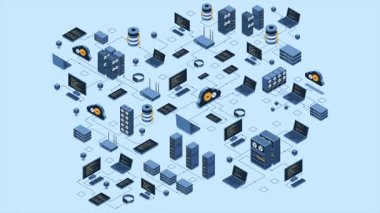 Isometric veri ağı yönetim animasyonu. Bulut depolama verileri ve aygıtların senkronizasyonu. Ağ, veri tabanı, bulut depolama. Isometric teknolojisi. 4K video eşölçülü olarak canlandırıldı