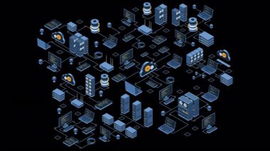 Isometric veri ağı yönetim animasyonu. Bulut depolama verileri ve aygıtların senkronizasyonu. Ağ, veri tabanı, bulut depolama. Isometric teknolojisi. Alfa kanalı ile şeffaf arkaplan