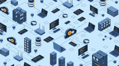 Isometric veri ağı yönetim animasyonu. Bulut depolama verileri ve aygıtların senkronizasyonu. Ağ, veri tabanı, bulut depolama. Isometric teknolojisi. 4K video eşölçülü olarak canlandırıldı
