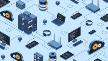 Isometric veri ağı yönetim animasyonu. Bulut depolama verileri ve aygıtların senkronizasyonu. Ağ, veri tabanı, bulut depolama. Isometric teknolojisi. 4K video eşölçülü olarak canlandırıldı