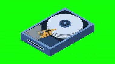 Isometric sabit disk animasyonu. HDD sabit disk dosya donanımı. Depolama cihazı. Isometric teknolojisi. 4K video eşölçülü olarak canlandırıldı