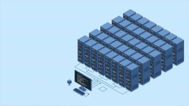 Isometric büyük veri depolama animasyonunu izliyor. Veri iletim teknolojisi. Çevrimiçi sunucu teknoloji konsepti. Isometric teknolojisi. 4K video eşölçülü olarak canlandırıldı