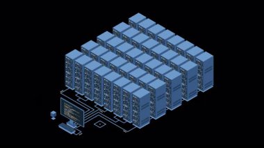 Isometric büyük veri depolama animasyonunu izliyor. Veri iletim teknolojisi. Çevrimiçi sunucu teknoloji konsepti. Isometric teknolojisi. Alfa kanalı ile şeffaf arkaplan