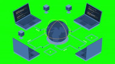 Dünya animasyonuna bağlı Isometric laptop. Küresel iletişim internet ağı. Depolama ve iletişim teknolojisi. Isometric teknolojisi. 4K video eşölçülü olarak canlandırıldı