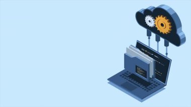 Laptop animasyonlu Isometric bulut depolama konsepti. Dosya ve dizüstü bilgisayarlı bulut teknolojisi. Isometric bilgisayar dosya transferi. Isometric teknolojisi. 4K video eşölçülü olarak canlandırıldı
