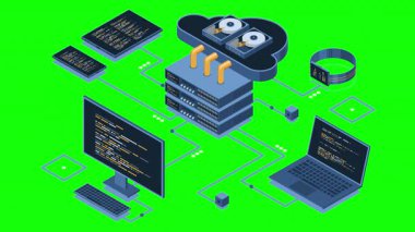 Isometric bulut teknolojisi animasyon hesaplıyor. Bilgisayarı, bilgisayarı, tableti ve akıllı telefonu olan Isometric ağı. Isometric teknolojisi. 4K video eşölçülü olarak canlandırıldı