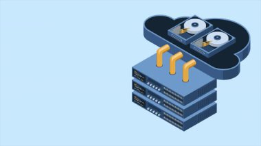 İzometrik bulut hesaplama animasyonu. Isometric sunucusu. Sunucu ağı ekipmanları. Bilgisayar ağı teknolojisi. Web sunucu konsepti. Isometric teknolojisi. 4K video izometrik olarak canlandırıldı