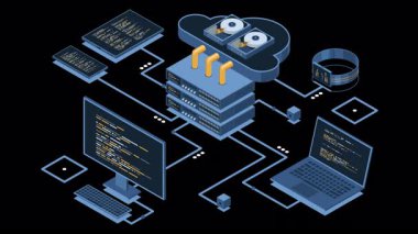 Isometric bulut teknolojisi animasyon hesaplıyor. Bilgisayarı, bilgisayarı, tableti ve akıllı telefonu olan Isometric ağı. Isometric teknolojisi. Alfa kanalı ile şeffaf arkaplan