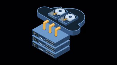 İzometrik bulut hesaplama animasyonu. Isometric sunucusu. Sunucu ağı ekipmanları. Bilgisayar ağı teknolojisi. Web sunucu konsepti. Isometric teknolojisi. Alfa kanalı ile şeffaf arkaplan