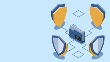 Kalkan animasyonlu Isometric klasörü. Veri koruması. Dizin güvenliği. Güvenli belgeler ve klasör. Isometric teknolojisi. 4K video eşölçülü olarak canlandırıldı