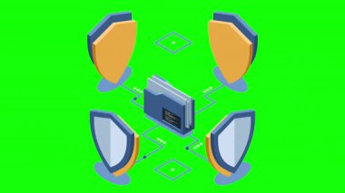 Kalkan animasyonlu Isometric klasörü. Veri koruması. Dizin güvenliği. Güvenli belgeler ve klasör. Isometric teknolojisi. 4K video eşölçülü olarak canlandırıldı