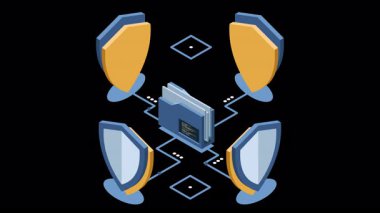 Kalkan animasyonlu Isometric klasörü. Veri koruması. Dizin güvenliği. Güvenli belgeler ve klasör. Isometric teknolojisi. Alfa kanalı ile şeffaf arkaplan
