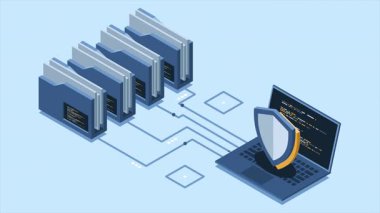 Dizin ve dizüstü bilgisayar animasyonlu Isometric veri koruması. Dizin güvenliği. Güvenli belgeler ve klasör. Siber güvenlik kavramı. Isometric teknolojisi. 4K video eşölçülü olarak canlandırıldı
