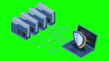 Dizin ve dizüstü bilgisayar animasyonlu Isometric veri koruması. Dizin güvenliği. Güvenli belgeler ve klasör. Siber güvenlik kavramı. Isometric teknolojisi. 4K video eşölçülü olarak canlandırıldı