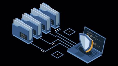 Dizin ve dizüstü bilgisayar animasyonlu Isometric veri koruması. Dizin güvenliği. Güvenli belgeler ve klasör. Siber güvenlik kavramı. Isometric teknolojisi. Alfa kanalı ile şeffaf arkaplan