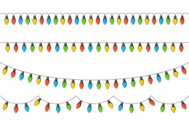 İpe dizilmiş ampuller. Ampulleri asıyorum. Dekorasyon için renkli ampuller. Işık çelengi. Işıklar ip süslemesi. Vektör illüstrasyonu