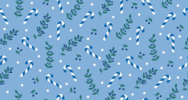 Yapraklar ve yaban mersini ve dikişsiz şeker kamışı desenli. Kağıt, kumaş ve tatil dekorasyonu için mükemmel. Kış tatili teması. Vektör illüstrasyonu