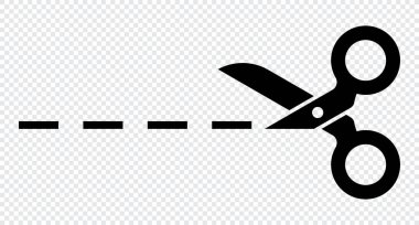 Makas simgesi. Kesik çizgili makas. Makas silueti. Makas kesme ikonu. Kesme işareti. İkonu kes. Vektör illüstrasyonu