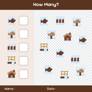 Kaç nesne olduğunu say. Kış temalı oyun sayıyorum. Eğitici matematik oyunu. Çocuklar için oyun saymak. Kaç kişi için şablon
