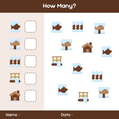 Kaç nesne olduğunu say. Kış temalı oyun sayıyorum. Eğitici matematik oyunu. Çocuklar için oyun saymak. Kaç kişi için şablon