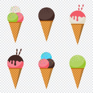 Dondurma takımı. Çeşitli dondurma setleri. Renkli dondurma külahları. Tatlı dondurma. Çizgi film tarzı. Vektör illüstrasyonu