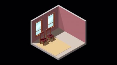 Isome yemek odası animasyonu. Yemek odasının içinde. Masa, sandalyeler ve diğer mobilyalar. Isometric ev mobilyası. Isome 'ın özel odası. Alfa kanalı ile şeffaf arkaplan