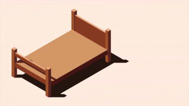 Yatak animasyonlu tahtadan bir yatak. İzometrik tek kişilik yatak. Yatağı, yastığı ve battaniyesi olan tahta bir yatak çerçevesi. Isometric yatak odası mobilyası. 4K video eşölçülü olarak canlandırıldı