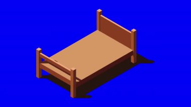 Yatak animasyonlu tahtadan bir yatak. İzometrik tek kişilik yatak. Yatağı, yastığı ve battaniyesi olan tahta bir yatak çerçevesi. Isometric yatak odası mobilyası. 4K video eşölçülü olarak canlandırıldı