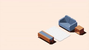 Isometric oturma odası animasyonu. Oturma odasının içi. Televizyon, kanepe, masa ve diğer oturma odası ekipmanları. Isometric ev mobilyası. Isome 'ın özel odası. 4K video eşölçülü olarak canlandırıldı