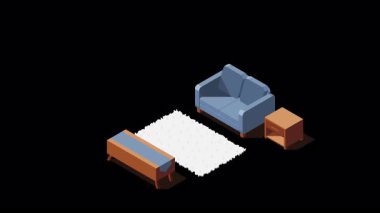 Isometric oturma odası animasyonu. Oturma odasının içi. Televizyon, kanepe, masa ve diğer oturma odası ekipmanları. Isometric ev mobilyası. Isome 'ın özel odası. Alfa kanalı ile şeffaf arkaplan
