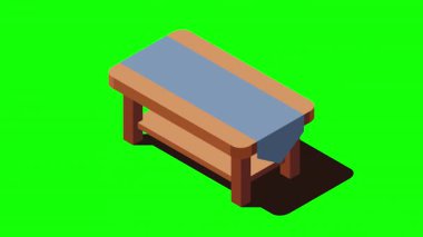 Isometric masa animasyonu. Tahta masa. Modern masa. Isometric ev mobilyası. Oturma odası mobilyası. 4K video eşölçülü olarak canlandırıldı