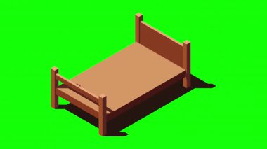 Isome tahta yatak animasyonu. 3 boyutlu izometrik yatak. Tahta yatak çerçevesi. Isometric yatak odası mobilyası. Isometric mobilya. 4K video eşölçülü olarak canlandırıldı