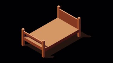 Isome tahta yatak animasyonu. 3 boyutlu izometrik yatak. Tahta yatak çerçevesi. Isometric yatak odası mobilyası. Isometric mobilya. Alfa kanalı ile şeffaf arkaplan