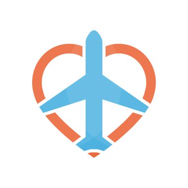 Vektör uçak ve kalp logo tasarım şablonu. Havaalanı logosunu görmeniz gerekir. Gökyüzü seyahat logosunu görmeniz gerekir. Seyahat Acentası logosunu görmeniz gerekir. Vektör logo şablonu.