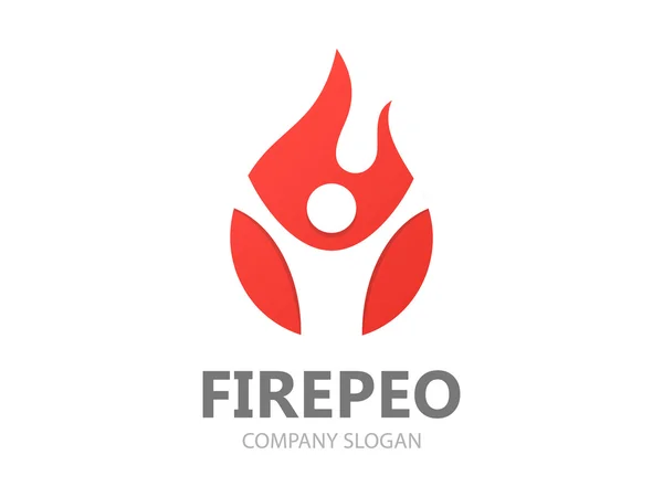 Combinazione del logo vettoriale di un uomo e fuoco. Logo Fiamma. Logo pompiere. Logo uomo in fiamme. Modello logo pompiere. Logotipo del carattere fiamma rossa . — Vettoriale Stock