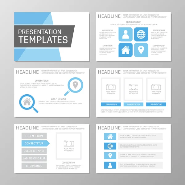 Conjunto de modelo azul para slides de apresentação multiúso com gráficos e gráficos. Folheto, relatório anual, desenho da capa do livro . —  Vetores de Stock