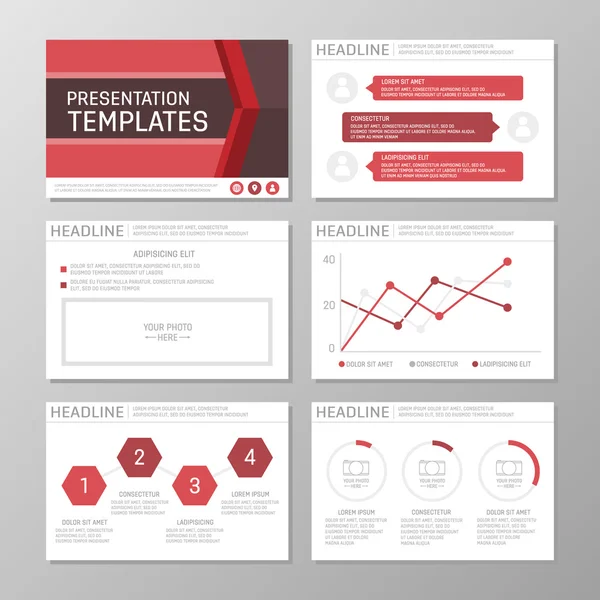 Conjunto de modelo vermelho para slides de apresentação multiúso com gráficos e gráficos. Folheto, relatório anual, desenho da capa do livro . — Vetor de Stock