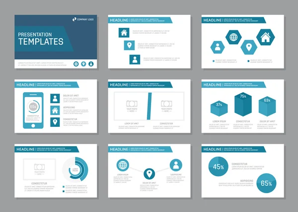 Jeu de gabarits bleus pour diapositives de présentation polyvalentes, éléments infographiques. Brochure, rapport annuel, couverture de livre . — Image vectorielle