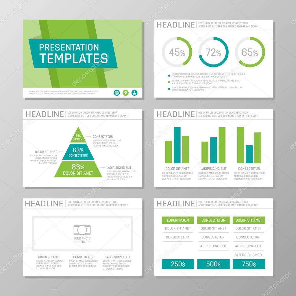 Set of green and turquoise template for multipurpose presentation slides. Leaflet, annual report, book cover design.